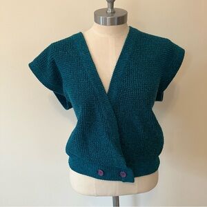VTG Women’s Wrap Balletcore Sweater Silk Blend Sz. S Turquoise Buttons Vest Knit